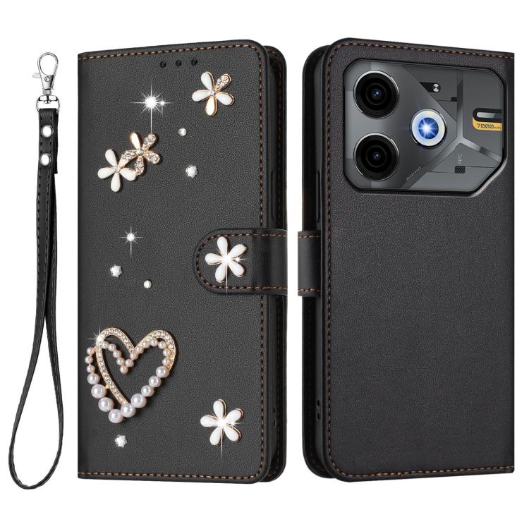 For Tecno Pova 6 Neo 5G / Spark 30 5G ZS01 Double-Layer Heart Floral Vegan Leather Phone Case with Wrist Strap