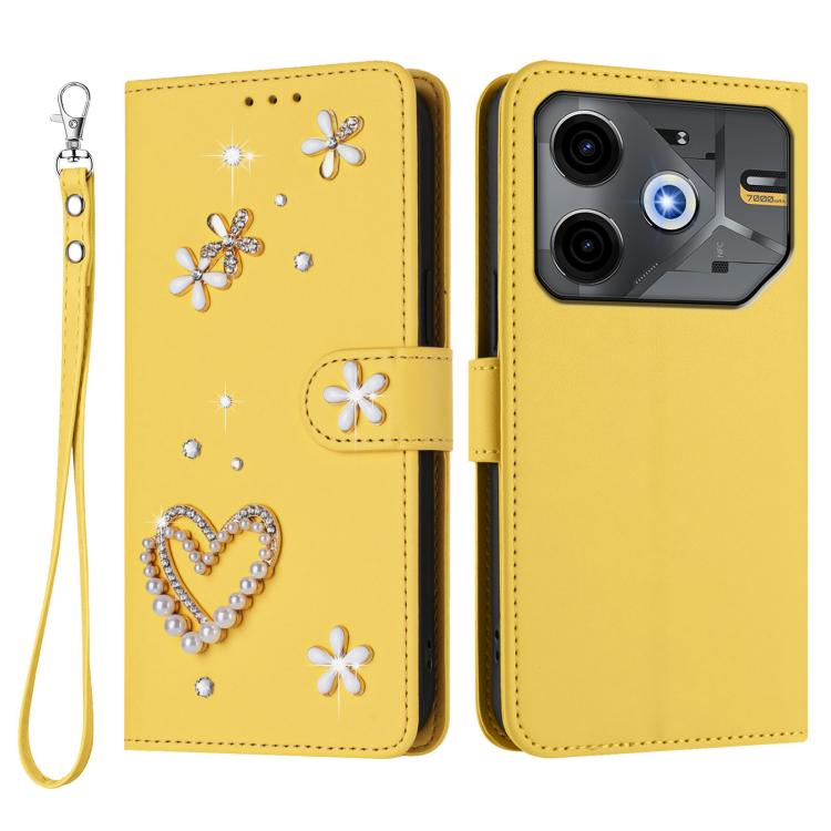 For Tecno Pova 6 Neo 5G / Spark 30 5G ZS01 Double-Layer Heart Floral Vegan Leather Phone Case with Wrist Strap