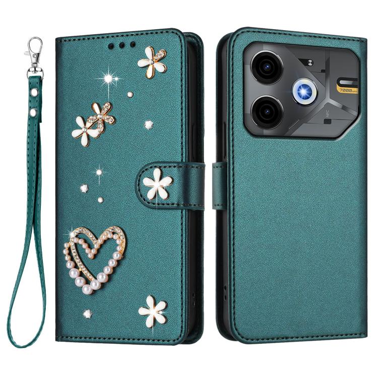 For Tecno Pova 6 Neo 5G / Spark 30 5G ZS01 Double-Layer Heart Floral Vegan Leather Phone Case with Wrist Strap
