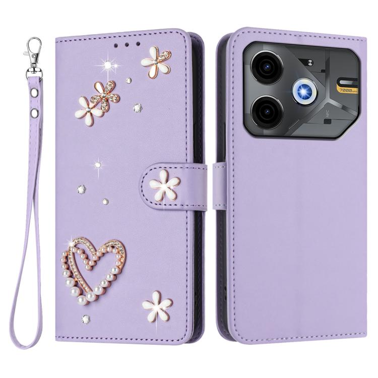 For Tecno Pova 6 Neo 5G / Spark 30 5G ZS01 Double-Layer Heart Floral Vegan Leather Phone Case with Wrist Strap