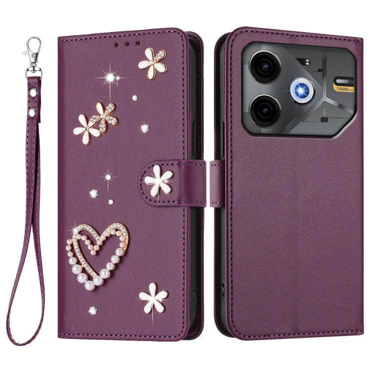 For Tecno Pova 6 Neo 5G / Spark 30 5G ZS01 Double-Layer Heart Floral Vegan Leather Phone Case with Wrist Strap