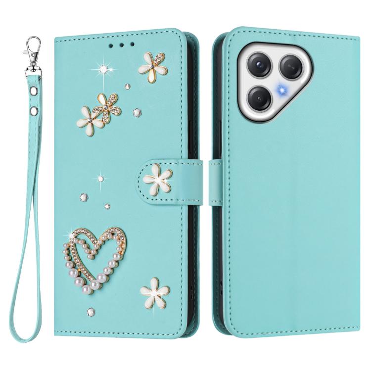 For Tecno Pova 7 5G / 4G ZS01 Double-Layer Heart Floral Vegan Leather Phone Case with Wrist Strap