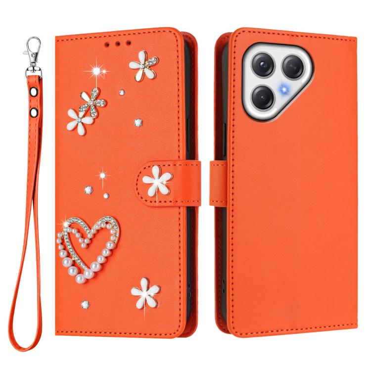 For Tecno Pova 7 5G / 4G ZS01 Double-Layer Heart Floral Vegan Leather Phone Case with Wrist Strap