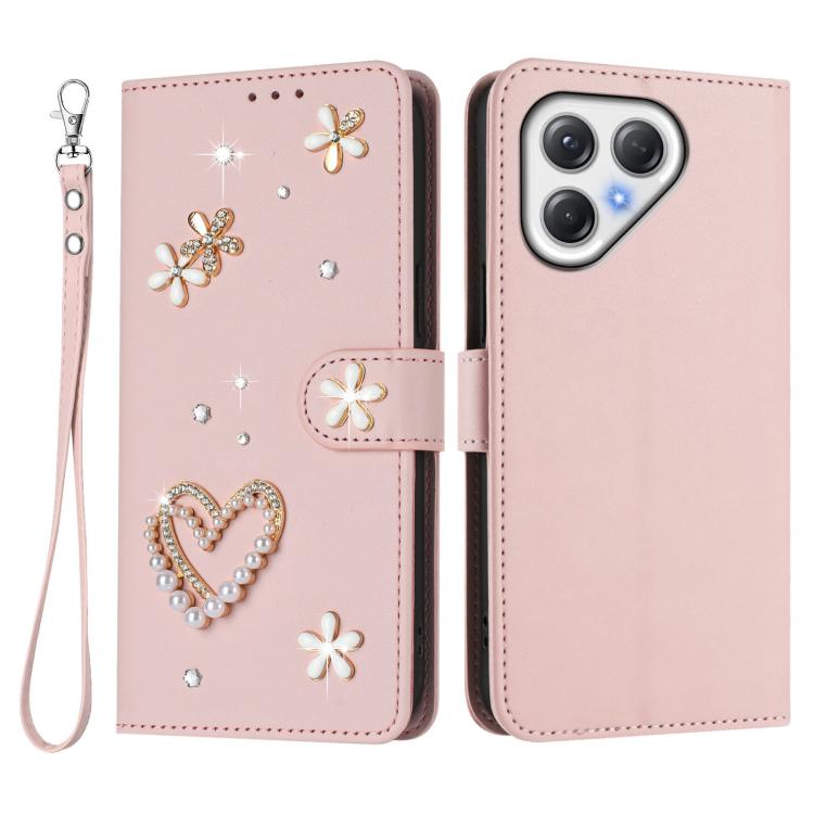For Tecno Pova 7 5G / 4G ZS01 Double-Layer Heart Floral Vegan Leather Phone Case with Wrist Strap