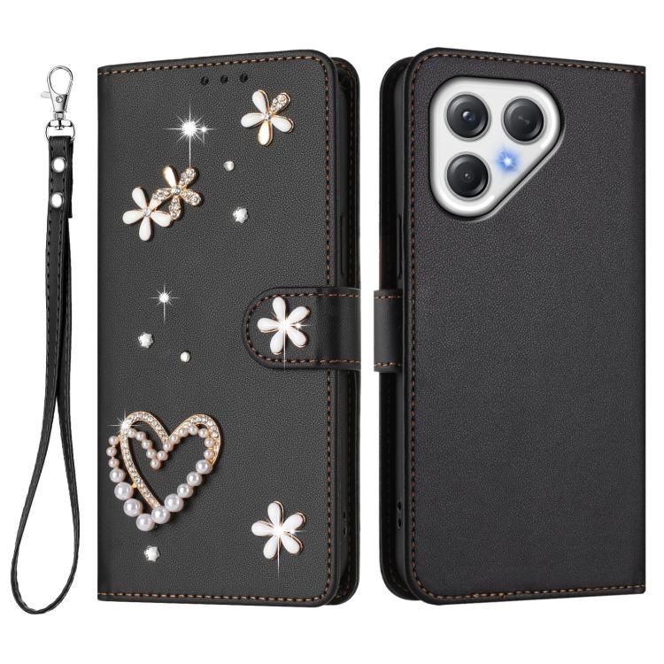 For Tecno Pova 7 5G / 4G ZS01 Double-Layer Heart Floral Vegan Leather Phone Case with Wrist Strap