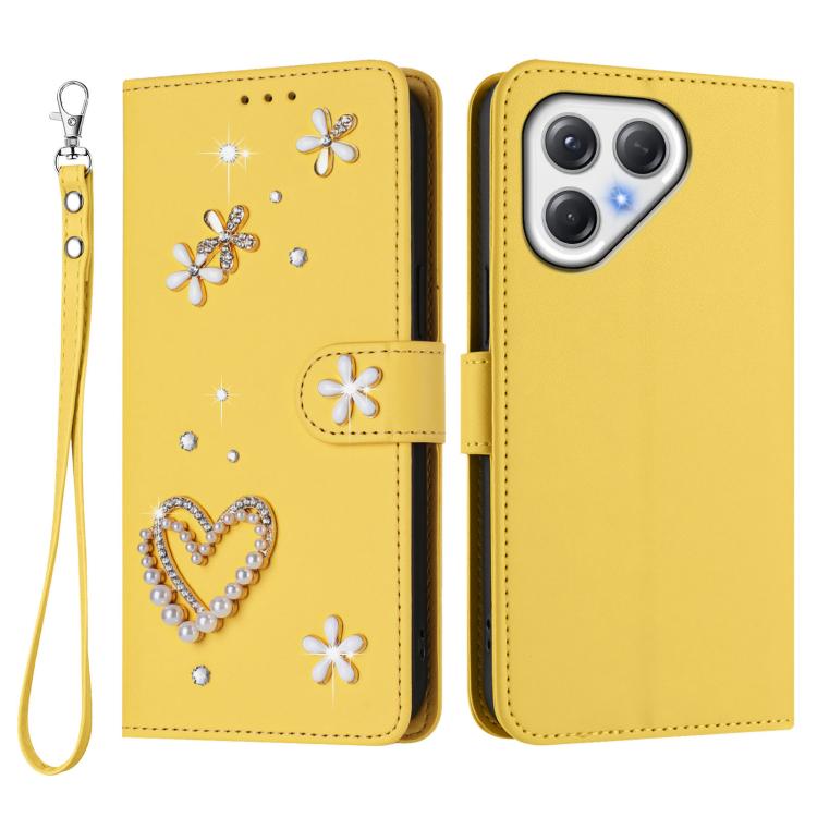 For Tecno Pova 7 5G / 4G ZS01 Double-Layer Heart Floral Vegan Leather Phone Case with Wrist Strap