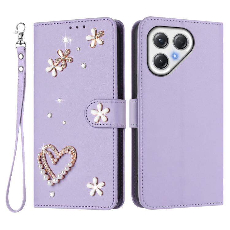 For Tecno Pova 7 5G / 4G ZS01 Double-Layer Heart Floral Vegan Leather Phone Case with Wrist Strap
