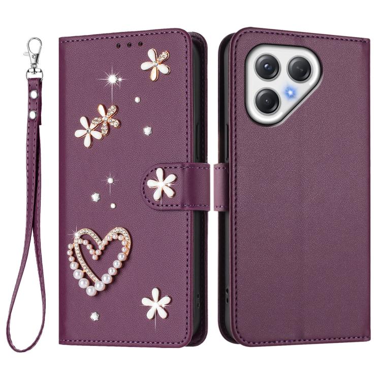 For Tecno Pova 7 5G / 4G ZS01 Double-Layer Heart Floral Vegan Leather Phone Case with Wrist Strap