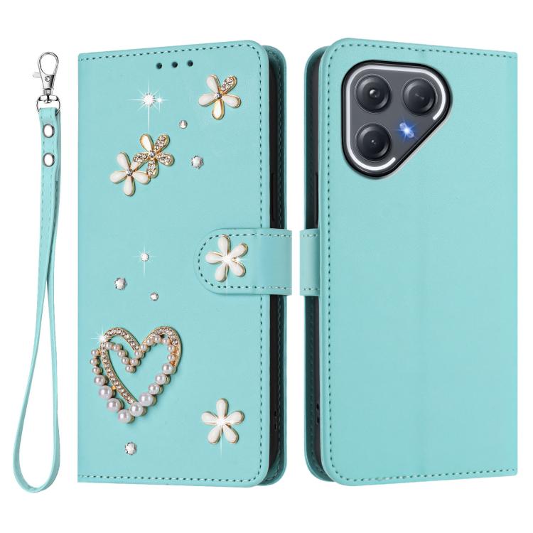 For Tecno Pova 7 Pro 5G ZS01 Double-Layer Heart Floral Vegan Leather Phone Case with Wrist Strap
