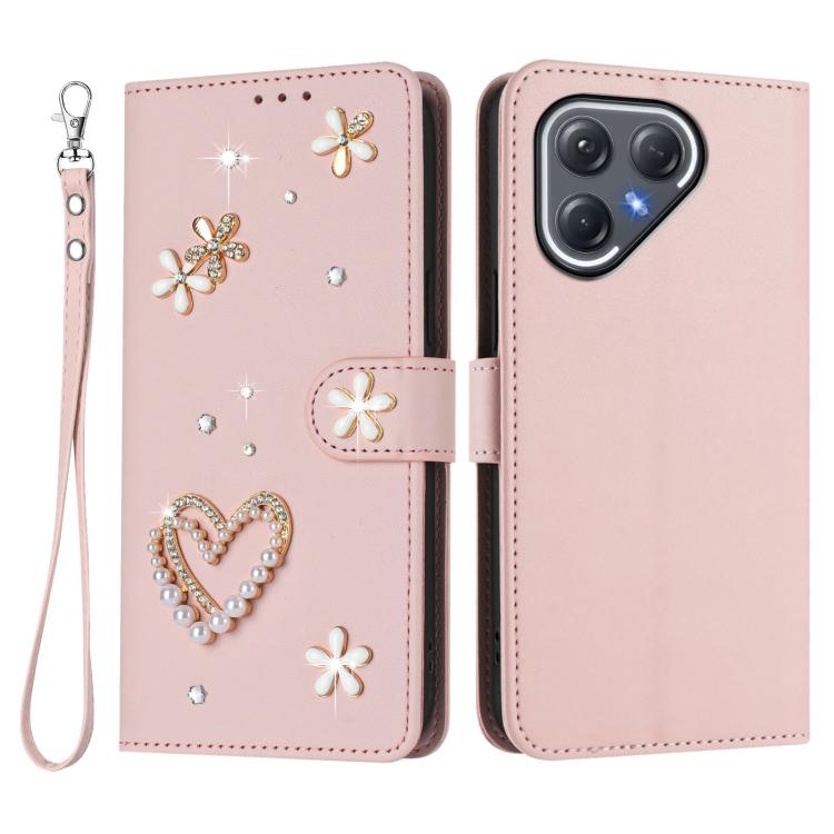 For Tecno Pova 7 Pro 5G ZS01 Double-Layer Heart Floral Vegan Leather Phone Case with Wrist Strap