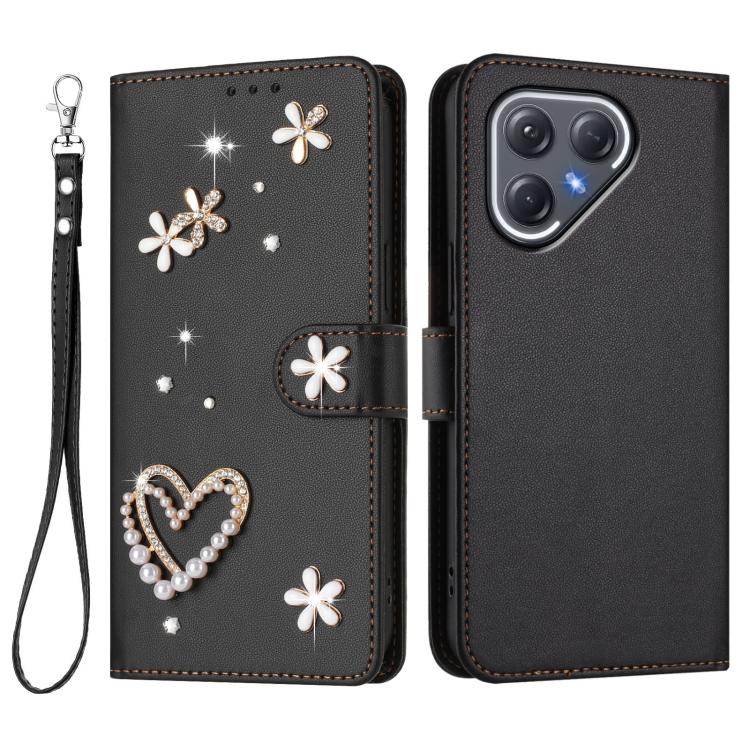 For Tecno Pova 7 Pro 5G ZS01 Double-Layer Heart Floral Vegan Leather Phone Case with Wrist Strap