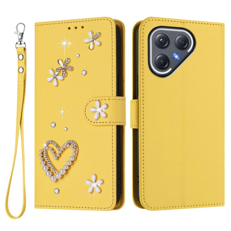 For Tecno Pova 7 Pro 5G ZS01 Double-Layer Heart Floral Vegan Leather Phone Case with Wrist Strap