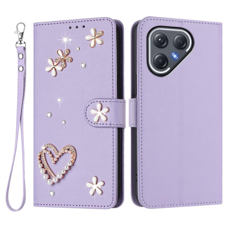 For Tecno Pova 7 Pro 5G ZS01 Double-Layer Heart Floral Vegan Leather Phone Case with Wrist Strap