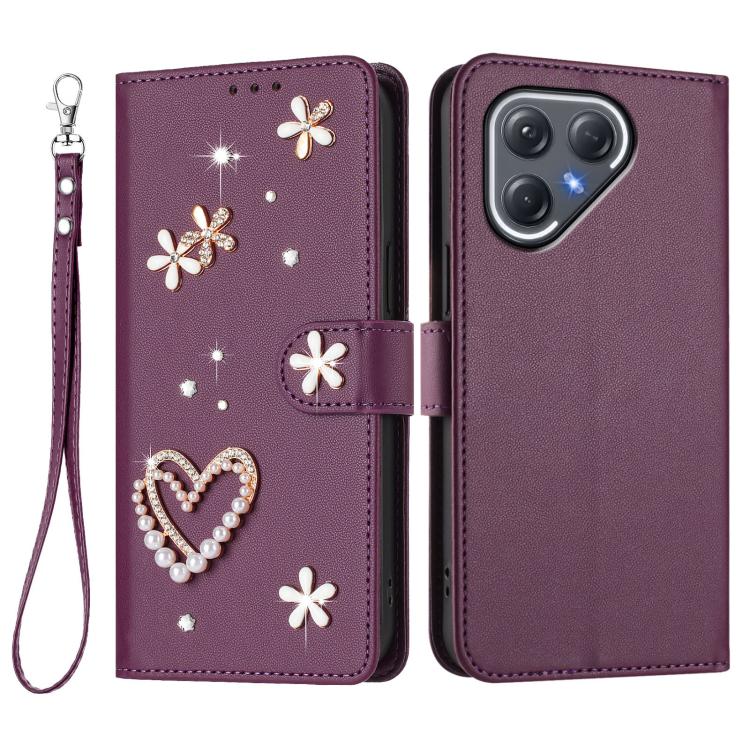For Tecno Pova 7 Pro 5G ZS01 Double-Layer Heart Floral Vegan Leather Phone Case with Wrist Strap