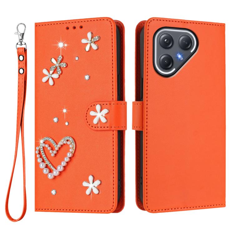 For Tecno Pova 7 Ultra 5G ZS01 Double-Layer Heart Floral Vegan Leather Phone Case with Wrist Strap