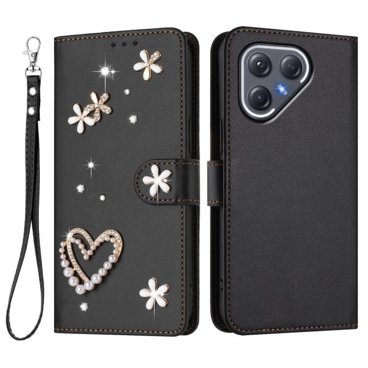 For Tecno Pova 7 Ultra 5G ZS01 Double-Layer Heart Floral Vegan Leather Phone Case with Wrist Strap