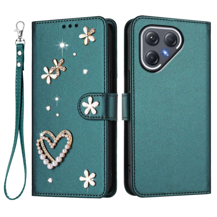 For Tecno Pova 7 Ultra 5G ZS01 Double-Layer Heart Floral Vegan Leather Phone Case with Wrist Strap