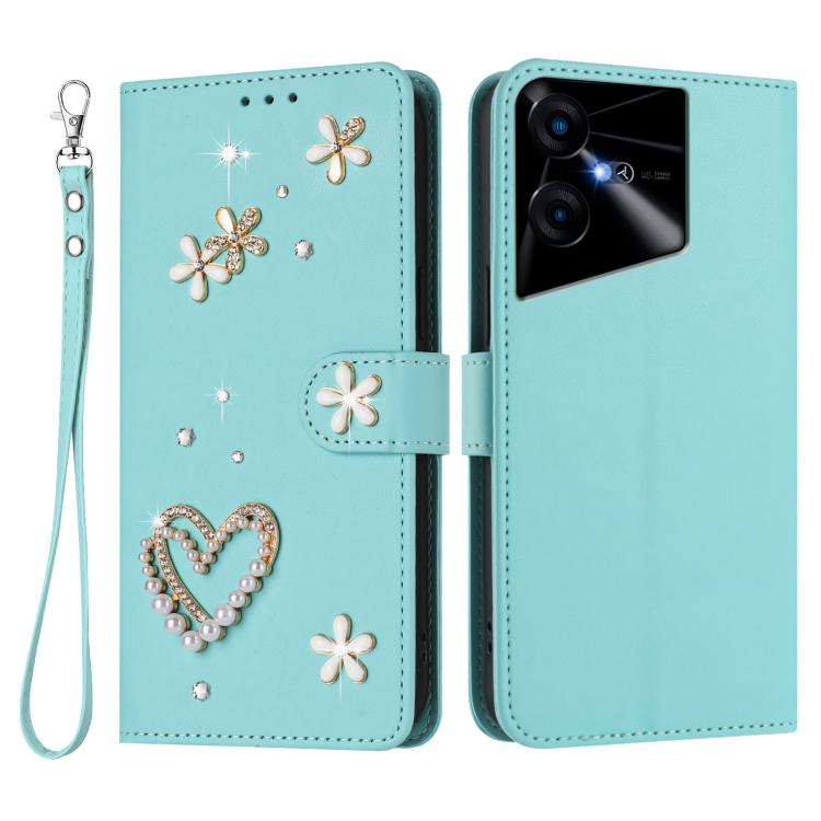 For Tecno Pova Neo 3 ZS01 Double-Layer Heart Floral Vegan Leather Phone Case with Wrist Strap
