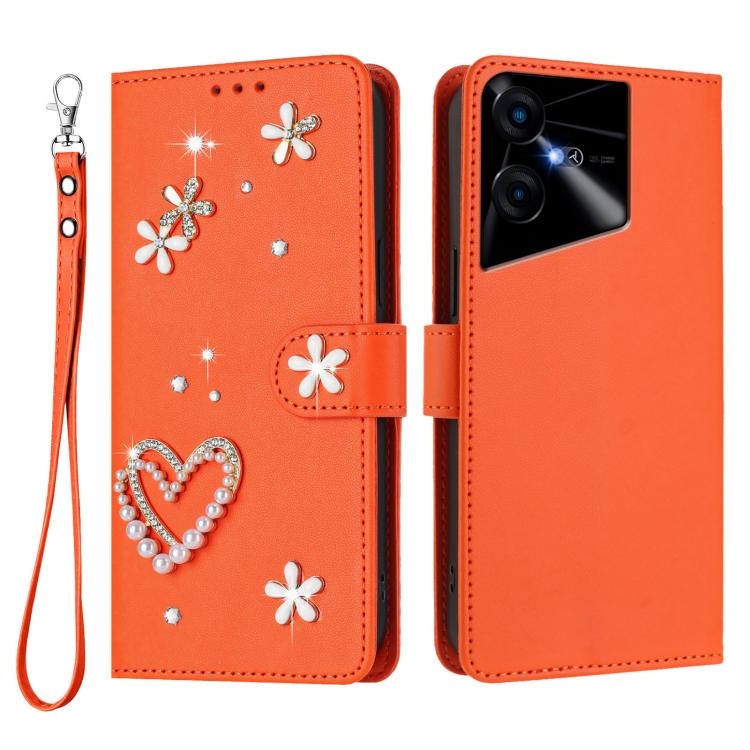 For Tecno Pova Neo 3 ZS01 Double-Layer Heart Floral Vegan Leather Phone Case with Wrist Strap