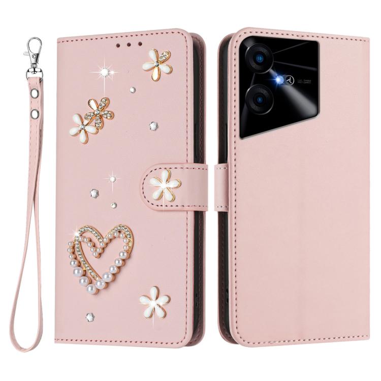 For Tecno Pova Neo 3 ZS01 Double-Layer Heart Floral Vegan Leather Phone Case with Wrist Strap