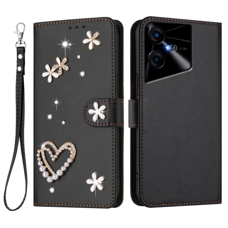 For Tecno Pova Neo 3 ZS01 Double-Layer Heart Floral Vegan Leather Phone Case with Wrist Strap