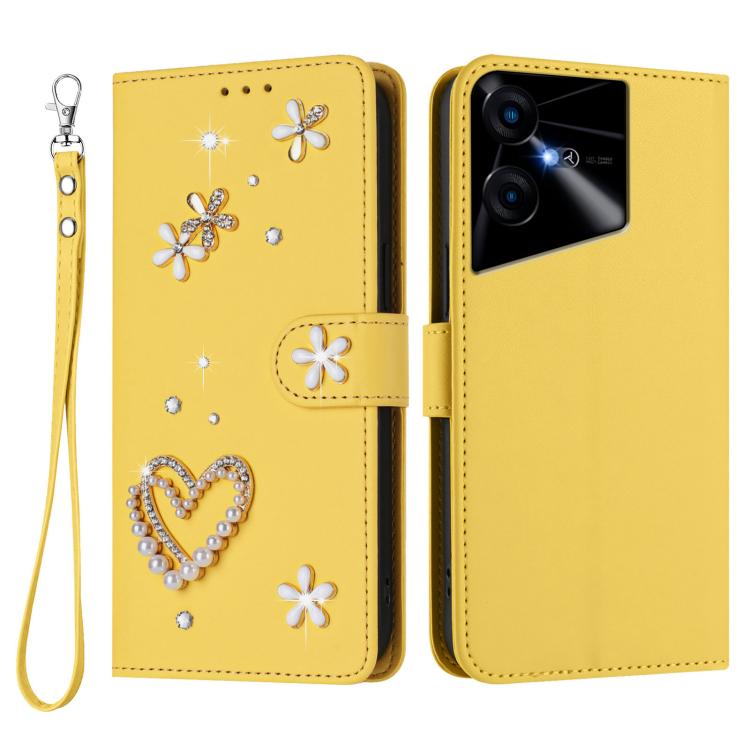 For Tecno Pova Neo 3 ZS01 Double-Layer Heart Floral Vegan Leather Phone Case with Wrist Strap