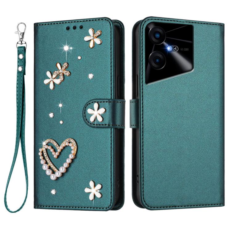 For Tecno Pova Neo 3 ZS01 Double-Layer Heart Floral Vegan Leather Phone Case with Wrist Strap