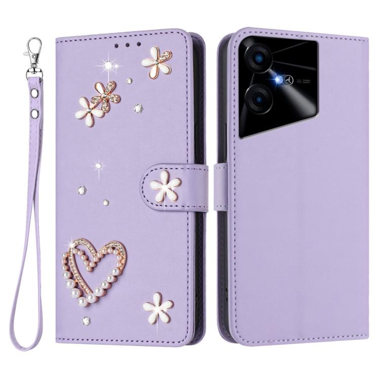 For Tecno Pova Neo 3 ZS01 Double-Layer Heart Floral Vegan Leather Phone Case with Wrist Strap