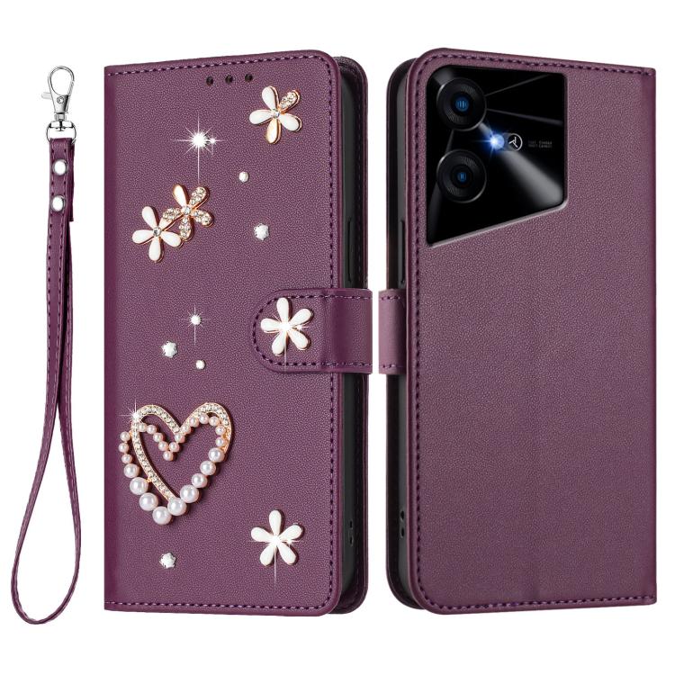 For Tecno Pova Neo 3 ZS01 Double-Layer Heart Floral Vegan Leather Phone Case with Wrist Strap