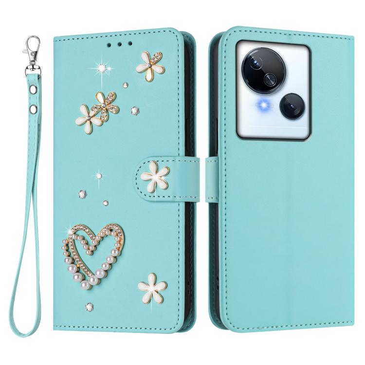 For Tecno Spark 10 5G ZS01 Double-Layer Heart Floral Vegan Leather Phone Case with Wrist Strap