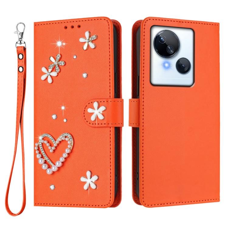For Tecno Spark 10 5G ZS01 Double-Layer Heart Floral Vegan Leather Phone Case with Wrist Strap