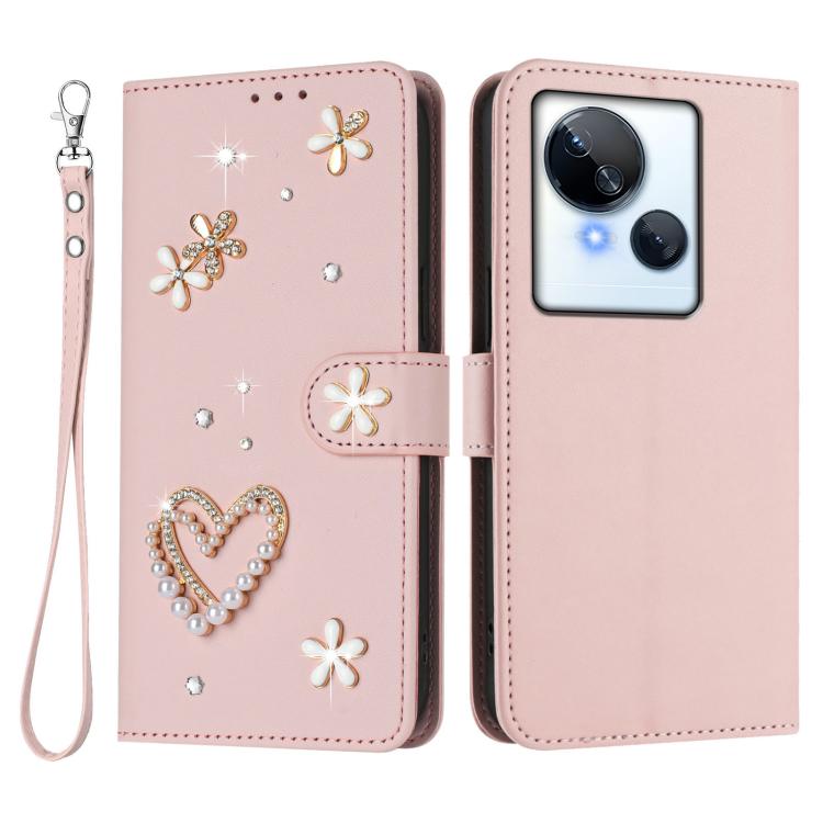 For Tecno Spark 10 5G ZS01 Double-Layer Heart Floral Vegan Leather Phone Case with Wrist Strap