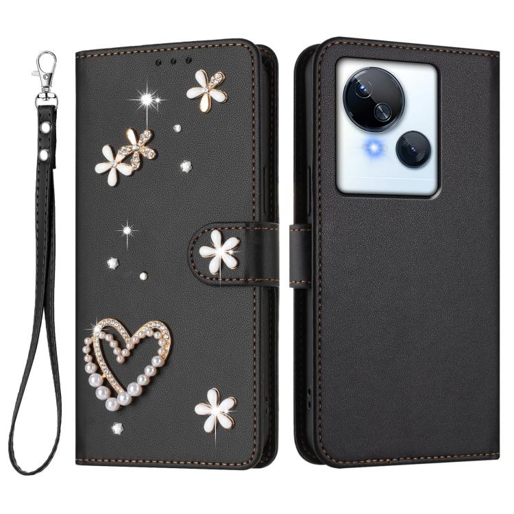 For Tecno Spark 10 5G ZS01 Double-Layer Heart Floral Vegan Leather Phone Case with Wrist Strap