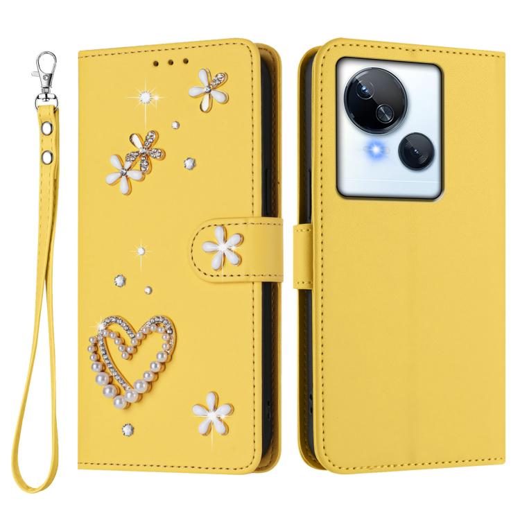 For Tecno Spark 10 5G ZS01 Double-Layer Heart Floral Vegan Leather Phone Case with Wrist Strap