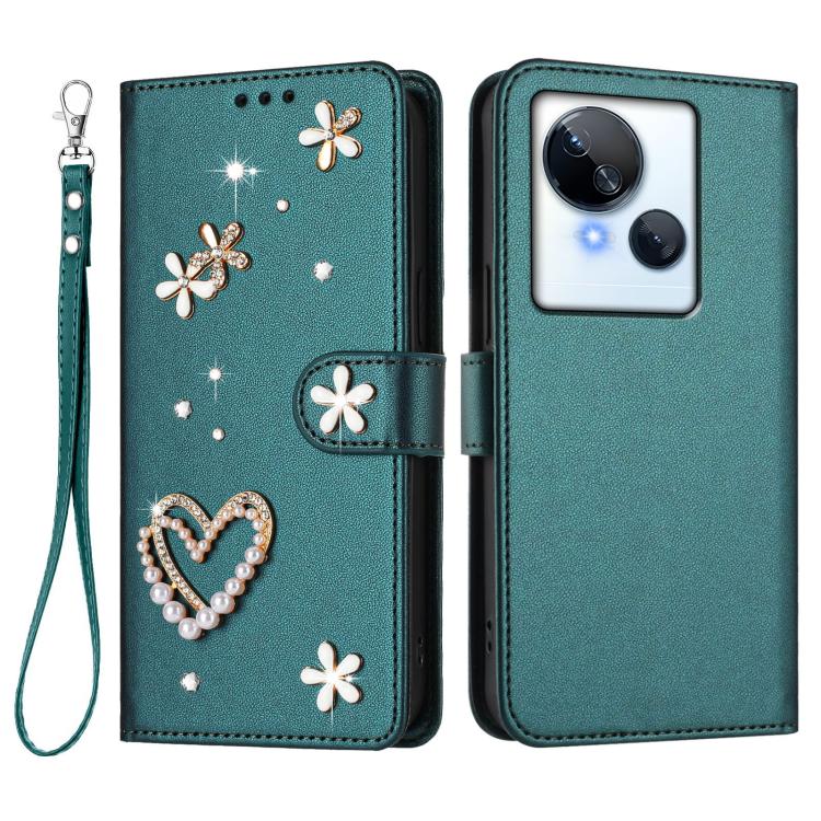 For Tecno Spark 10 5G ZS01 Double-Layer Heart Floral Vegan Leather Phone Case with Wrist Strap