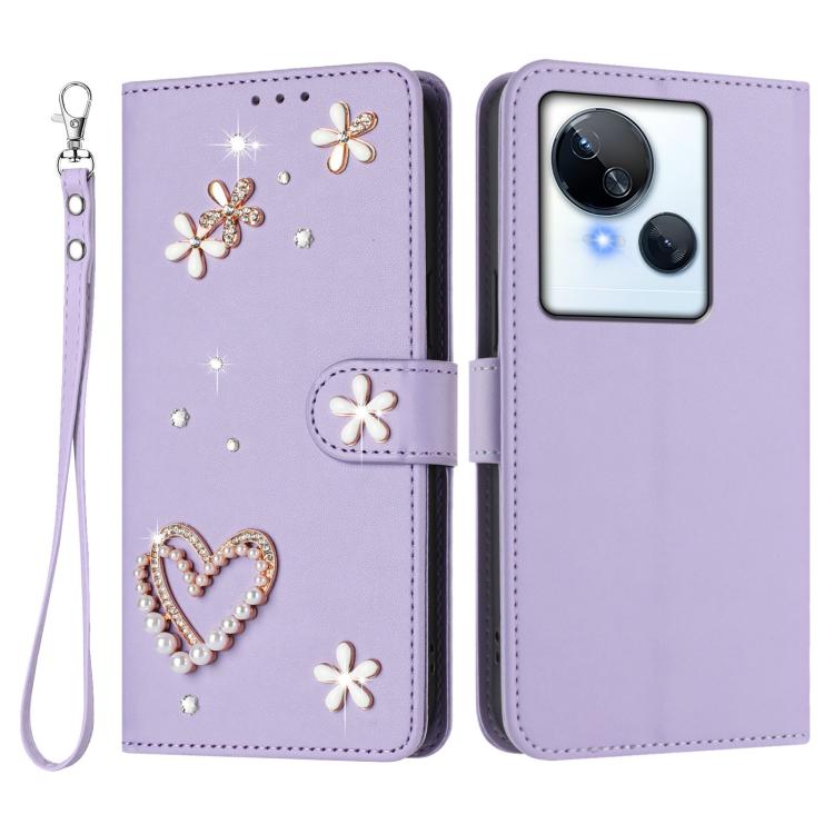 For Tecno Spark 10 5G ZS01 Double-Layer Heart Floral Vegan Leather Phone Case with Wrist Strap