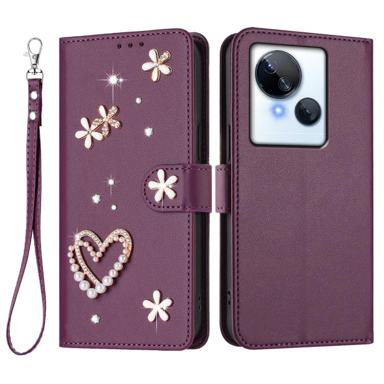 For Tecno Spark 10 5G ZS01 Double-Layer Heart Floral Vegan Leather Phone Case with Wrist Strap