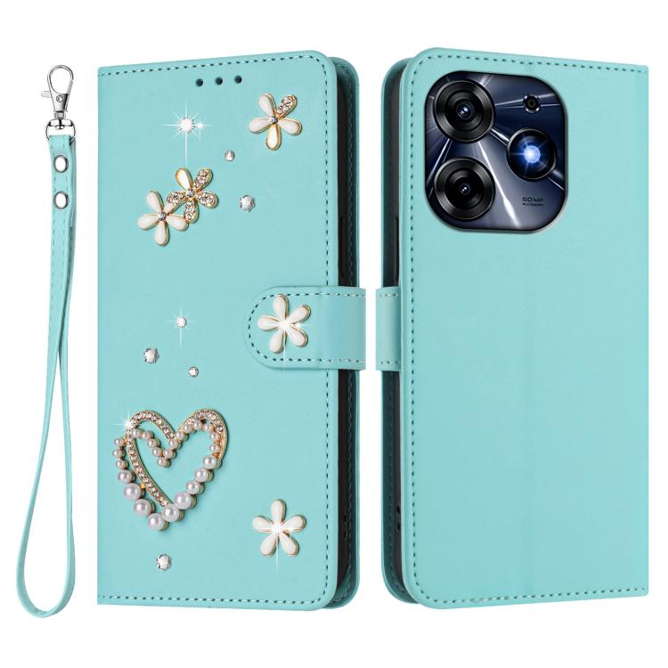 For Tecno Spark 10 Pro 4G ZS01 Double-Layer Heart Floral Vegan Leather Phone Case with Wrist Strap