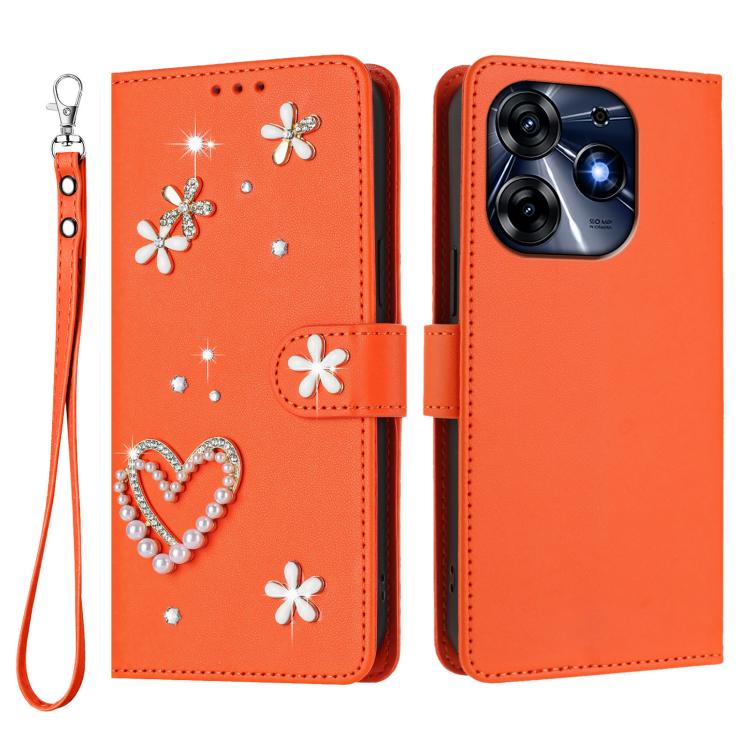 For Tecno Spark 10 Pro 4G ZS01 Double-Layer Heart Floral Vegan Leather Phone Case with Wrist Strap
