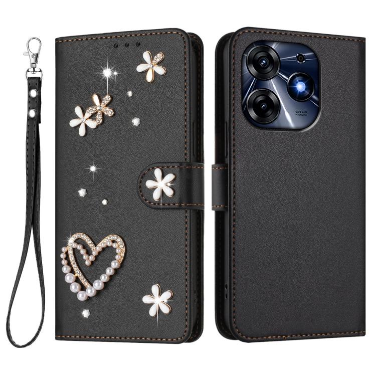 For Tecno Spark 10 Pro 4G ZS01 Double-Layer Heart Floral Vegan Leather Phone Case with Wrist Strap