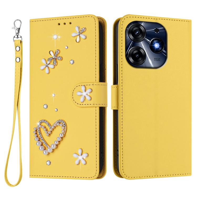 For Tecno Spark 10 Pro 4G ZS01 Double-Layer Heart Floral Vegan Leather Phone Case with Wrist Strap