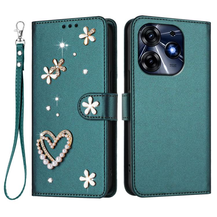 For Tecno Spark 10 Pro 4G ZS01 Double-Layer Heart Floral Vegan Leather Phone Case with Wrist Strap
