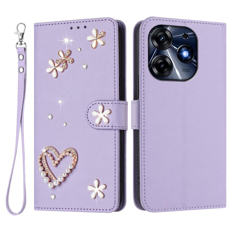 For Tecno Spark 10 Pro 4G ZS01 Double-Layer Heart Floral Vegan Leather Phone Case with Wrist Strap