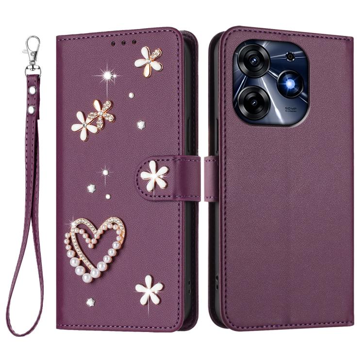 For Tecno Spark 10 Pro 4G ZS01 Double-Layer Heart Floral Vegan Leather Phone Case with Wrist Strap