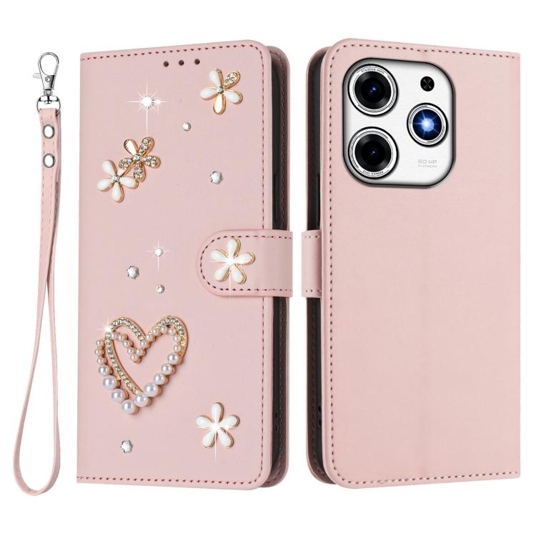 For Tecno Spark 10 Pro Magic Magenta ZS01 Double-Layer Heart Floral Vegan Leather Phone Case with Wrist Strap