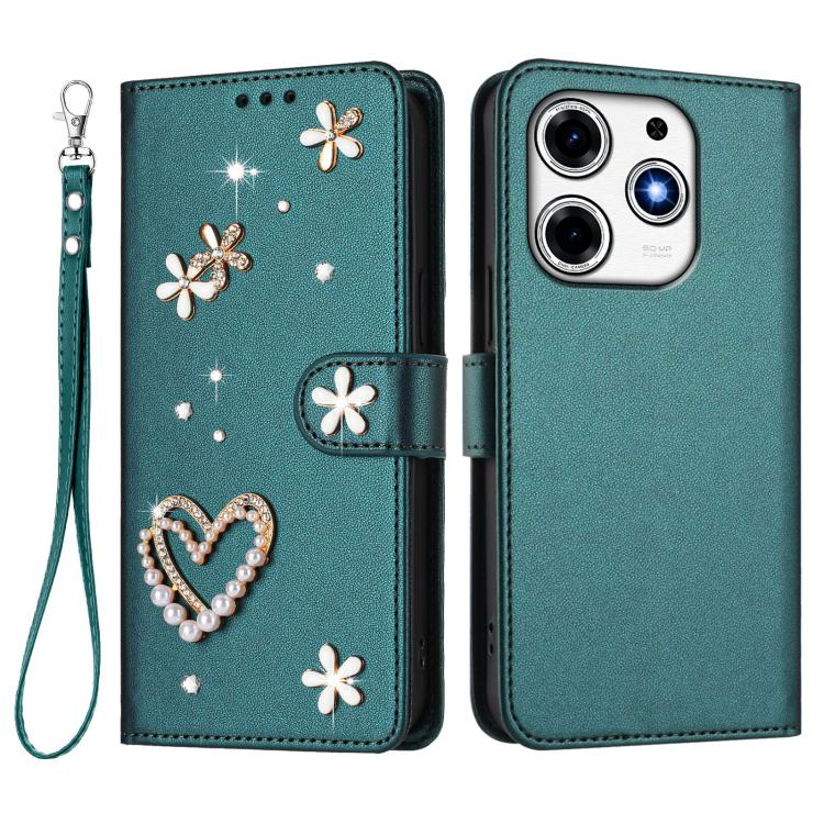 For Tecno Spark 10 Pro Magic Magenta ZS01 Double-Layer Heart Floral Vegan Leather Phone Case with Wrist Strap