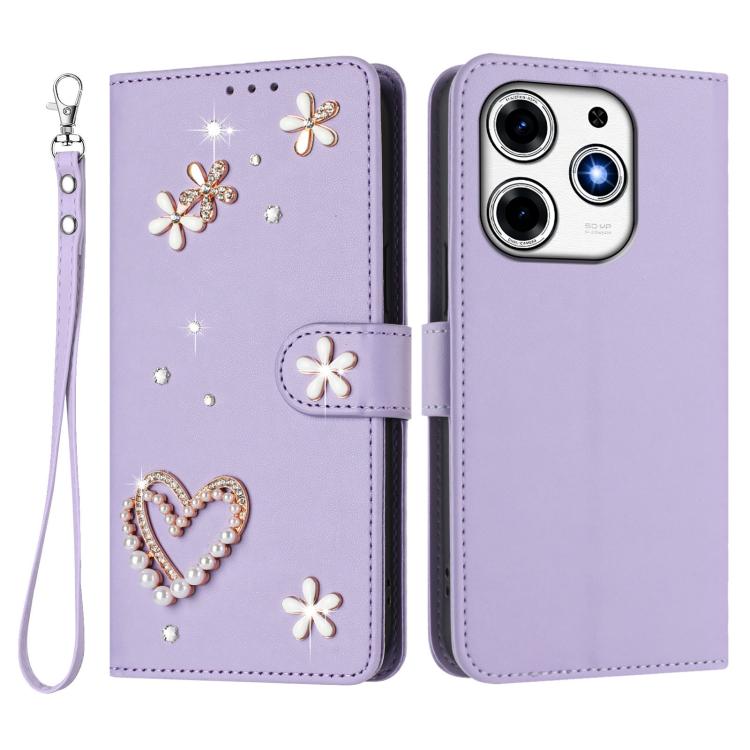 For Tecno Spark 10 Pro Magic Magenta ZS01 Double-Layer Heart Floral Vegan Leather Phone Case with Wrist Strap