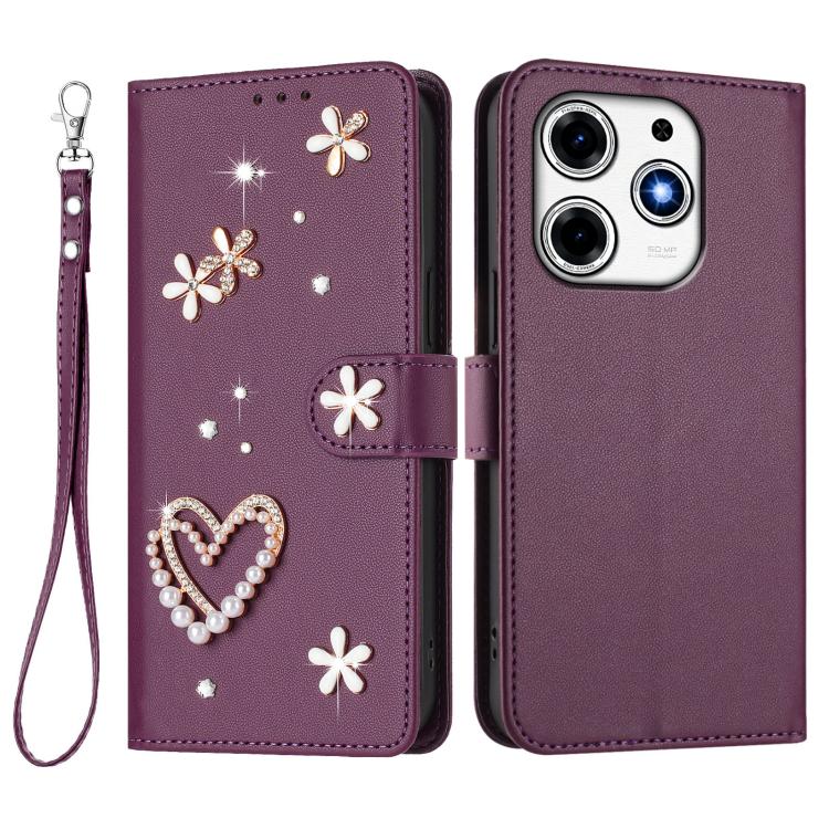 For Tecno Spark 10 Pro Magic Magenta ZS01 Double-Layer Heart Floral Vegan Leather Phone Case with Wrist Strap