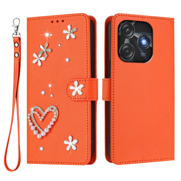 For Tecno Spark 10C / 10 4G ZS01 Double-Layer Heart Floral Vegan Leather Phone Case with Wrist Strap