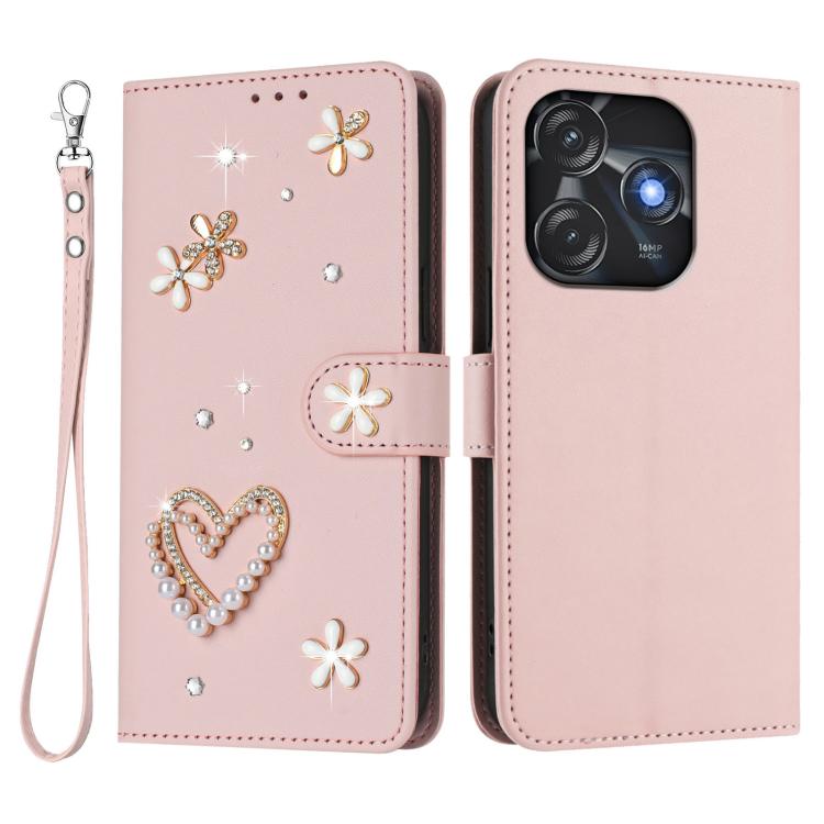 For Tecno Spark 10C / 10 4G ZS01 Double-Layer Heart Floral Vegan Leather Phone Case with Wrist Strap